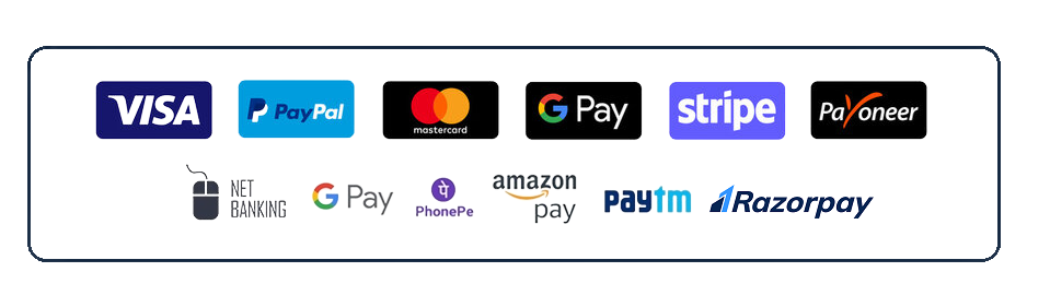 Visa, Mastercard, Stripe, Paypal, Payoneer, Google Pay, Phone Pe, Amazon Pay, Paytm, Netbanking (India only) etc. are supported by us.